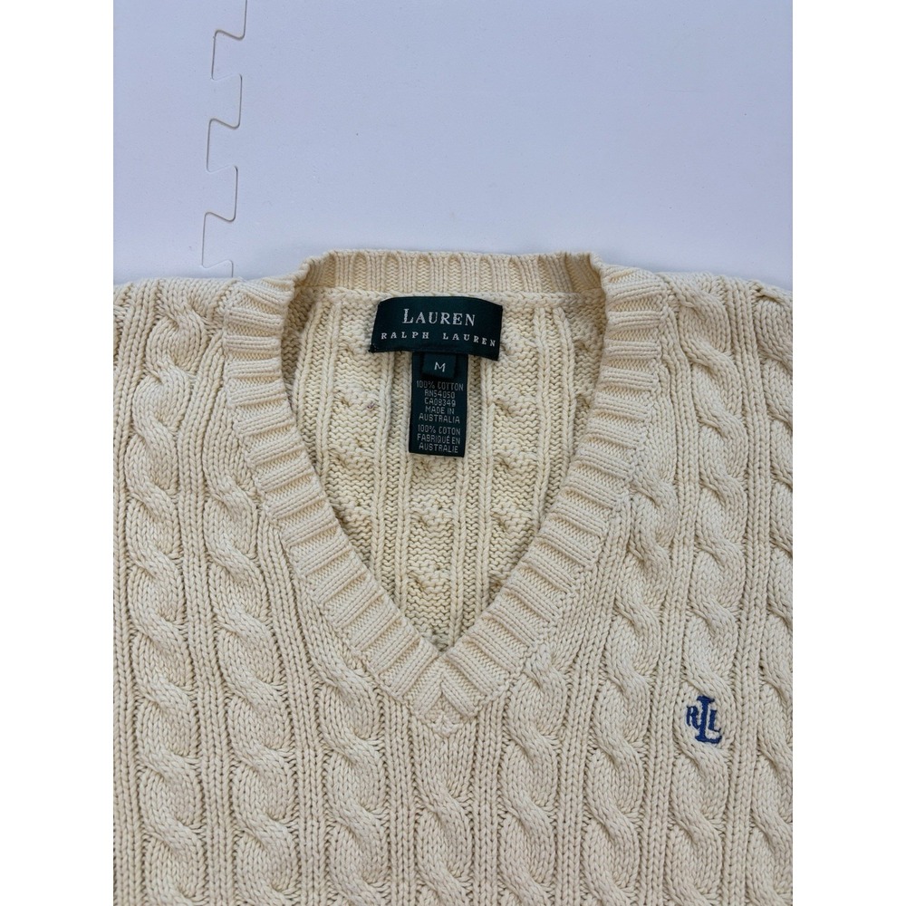 Vtg LAUREN RALPH LAUREN Sweater Womens Cable Knit Tennis-Sz M Butter Yellow - Picture 3 of 8